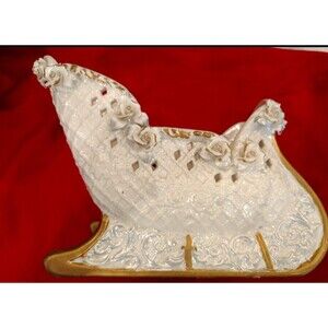 Vintage White Gold Sleigh Ceramic Lace Christmas Planter Decor Iridescent...